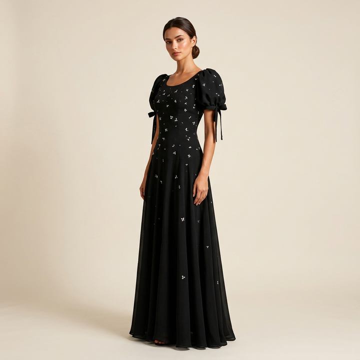 Black Puff-Sleeve Beaded A-Line Floor-Length Evening Gown-Vyana Collective