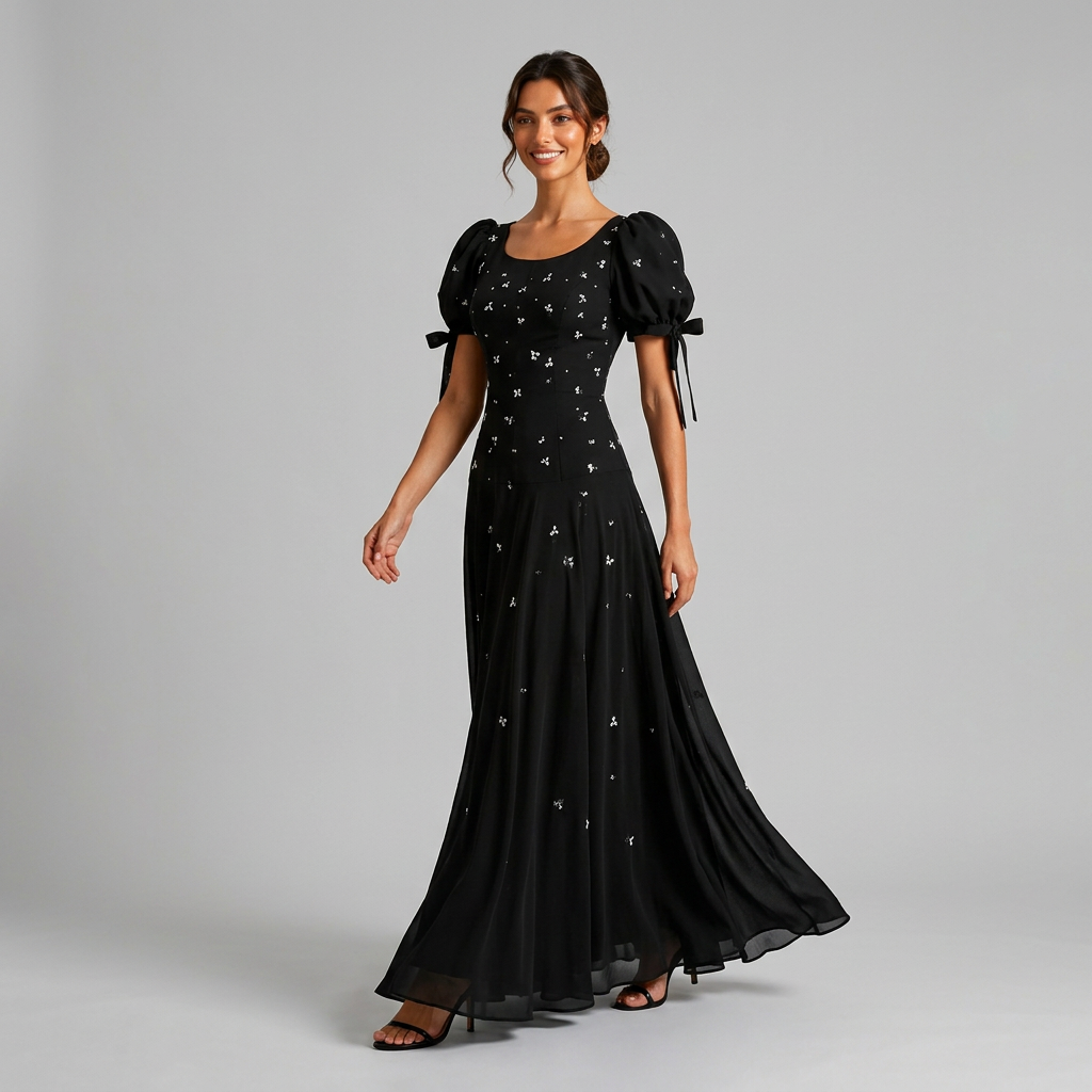 Black Puff-Sleeve Beaded A-Line Floor-Length Evening Gown-Vyana Collective