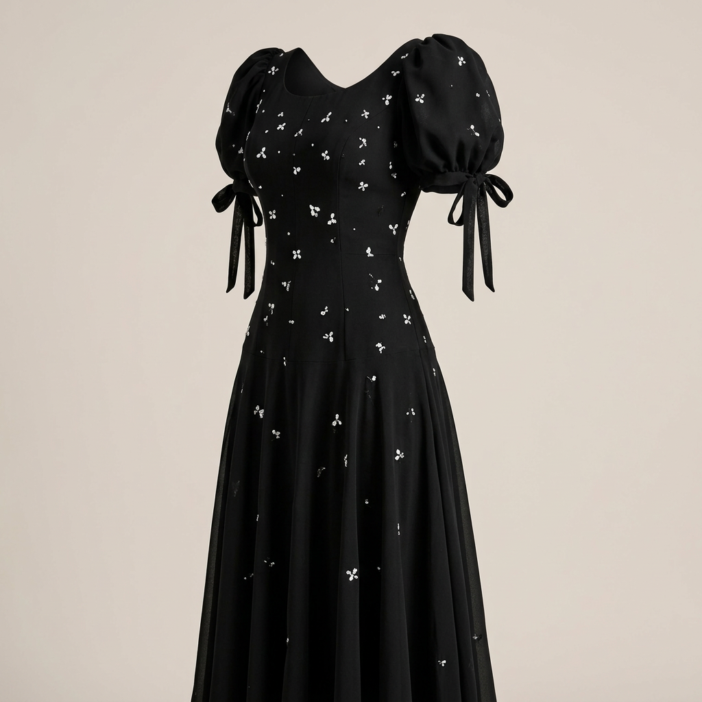 Black Puff-Sleeve Beaded A-Line Floor-Length Evening Gown-Vyana Collective