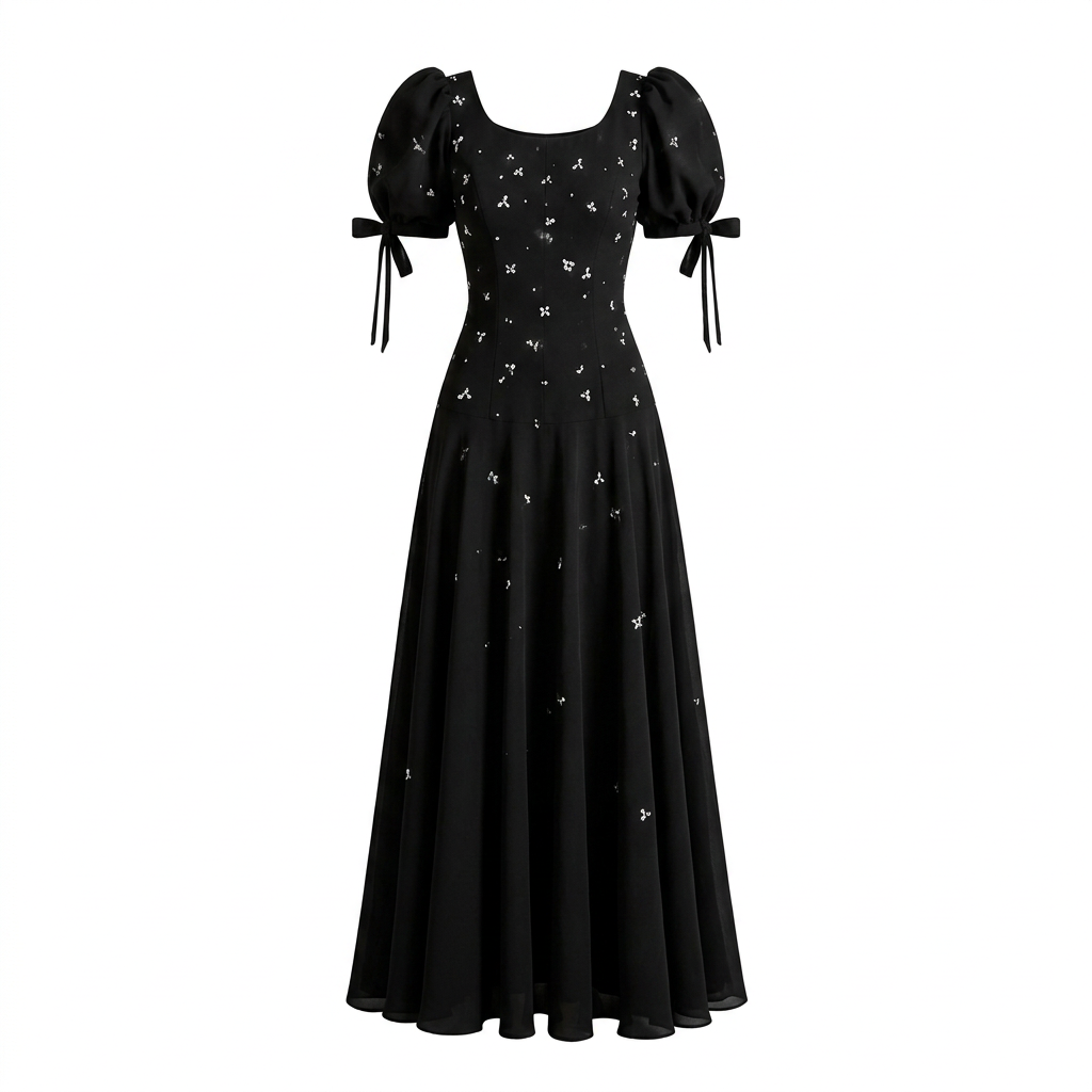 Black Puff-Sleeve Beaded A-Line Floor-Length Evening Gown-Vyana Collective