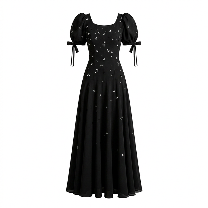 Black Puff-Sleeve Beaded A-Line Floor-Length Evening Gown-Vyana Collective