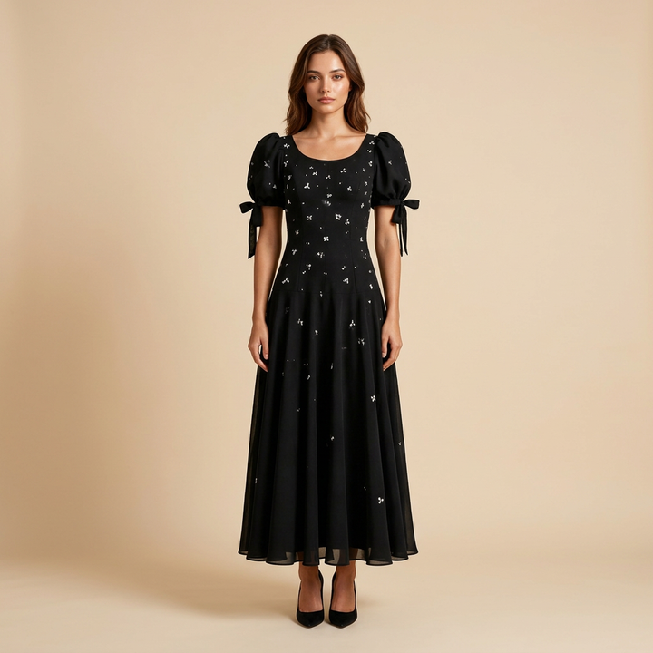 Black Puff-Sleeve Beaded A-Line Floor-Length Evening Gown-Vyana Collective