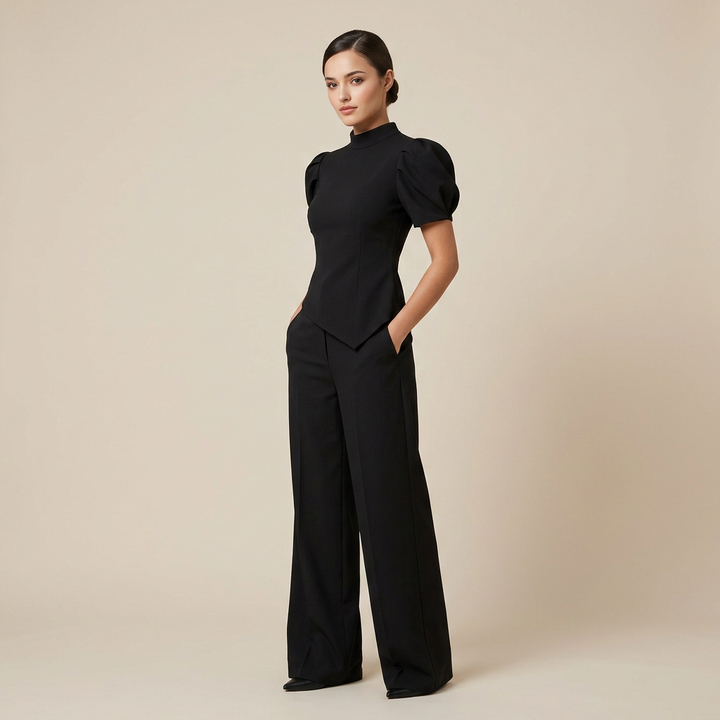 Black Puff Sleeve Top and Wide Leg Pants Set for Meetings Ready, Modern Office Style & Evening Elegance Women-Vyana Collective