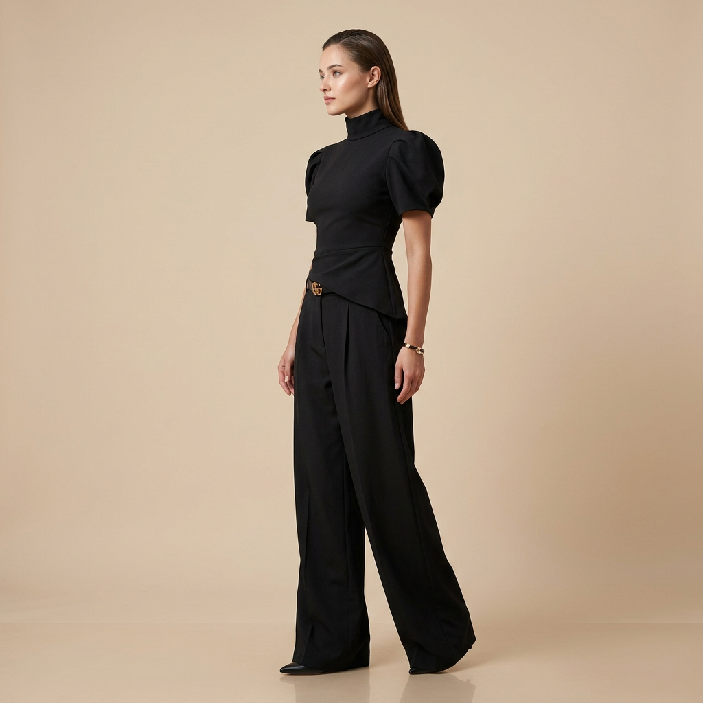 Black Puff Sleeve Top and Wide Leg Pants Set for Meetings Ready, Modern Office Style & Evening Elegance Women-Vyana Collective