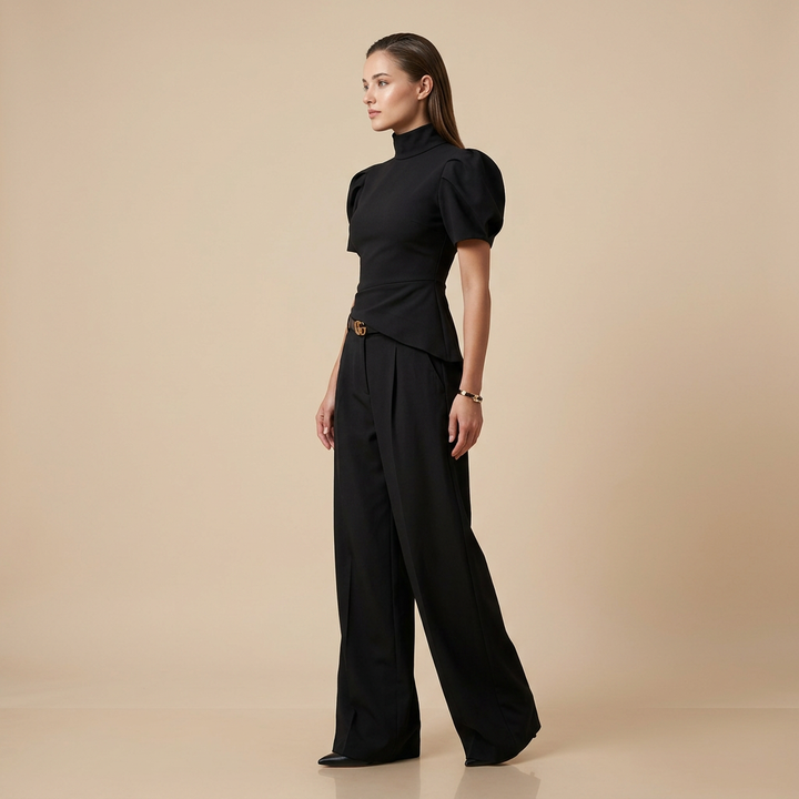 Black Puff Sleeve Top and Wide Leg Pants Set for Meetings Ready, Modern Office Style & Evening Elegance Women-Vyana Collective