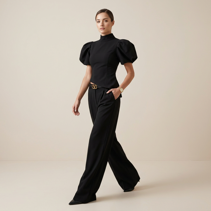 Black Puff Sleeve Top and Wide Leg Pants Set for Meetings Ready, Modern Office Style & Evening Elegance Women-Vyana Collective