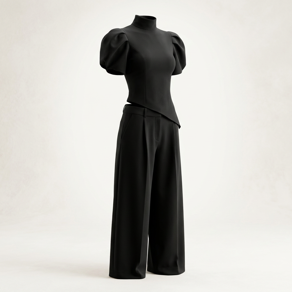 Black Puff Sleeve Top and Wide Leg Pants Set for Meetings Ready, Modern Office Style & Evening Elegance Women-Vyana Collective