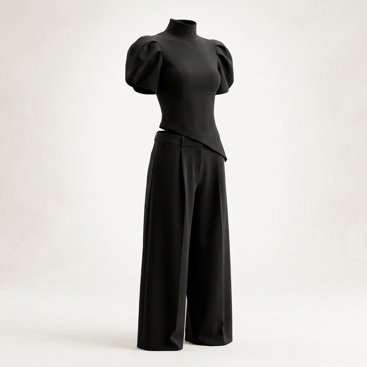 Black Puff Sleeve Top and Wide Leg Pants Set for Meetings Ready, Modern Office Style & Evening Elegance Women-Vyana Collective