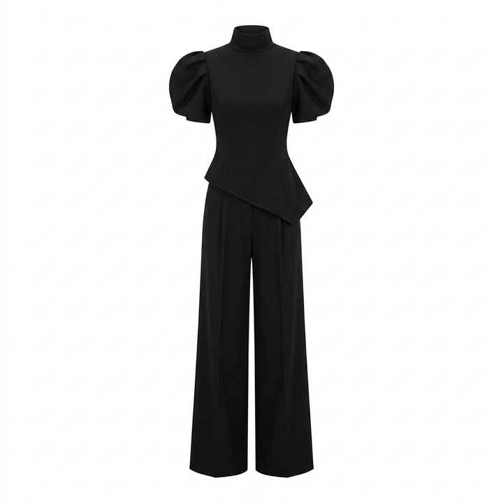 Black Puff Sleeve Top and Wide Leg Pants Set for Meetings Ready, Modern Office Style & Evening Elegance Women-Vyana Collective