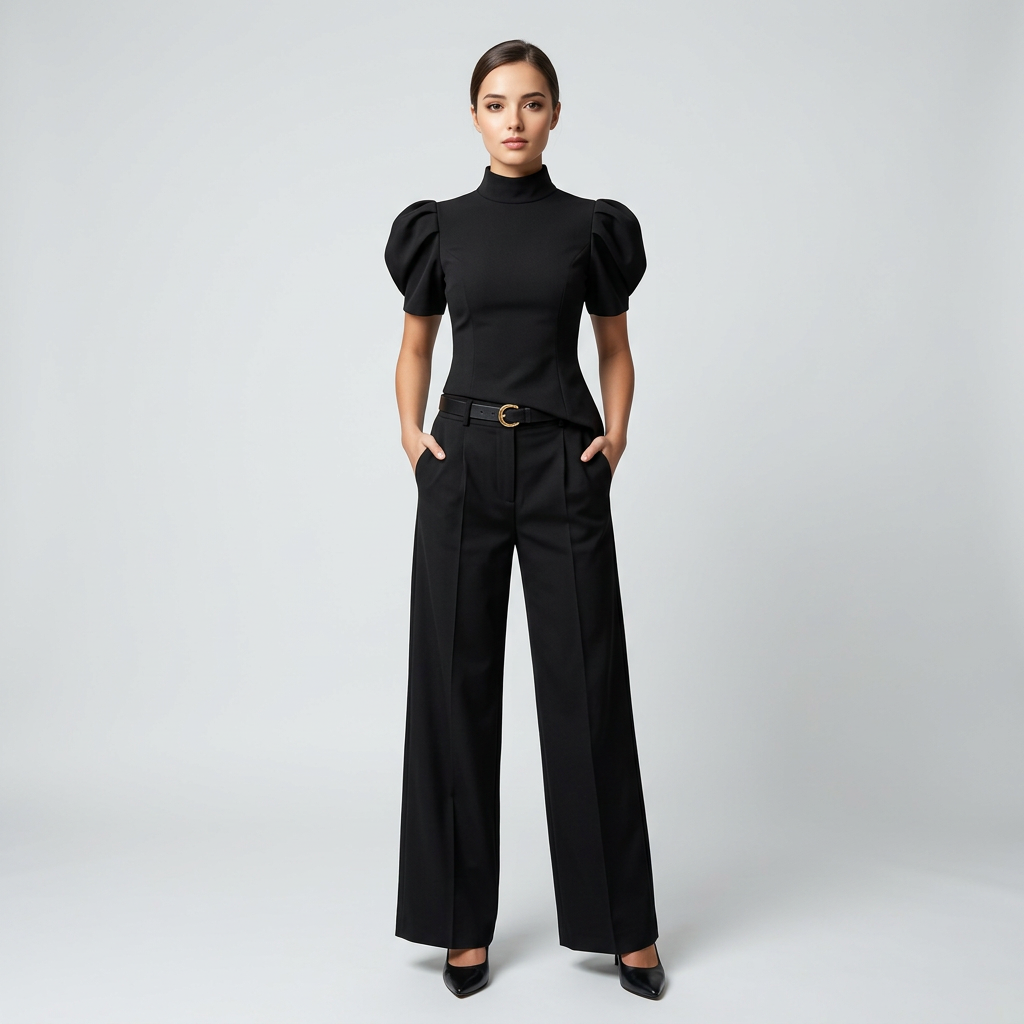 Black Puff Sleeve Top and Wide Leg Pants Set for Meetings Ready, Modern Office Style & Evening Elegance Women-Vyana Collective