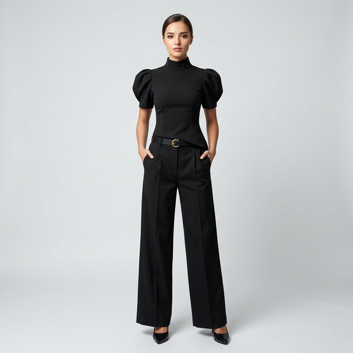 Black Puff Sleeve Top and Wide Leg Pants Set for Meetings Ready, Modern Office Style & Evening Elegance Women-Vyana Collective