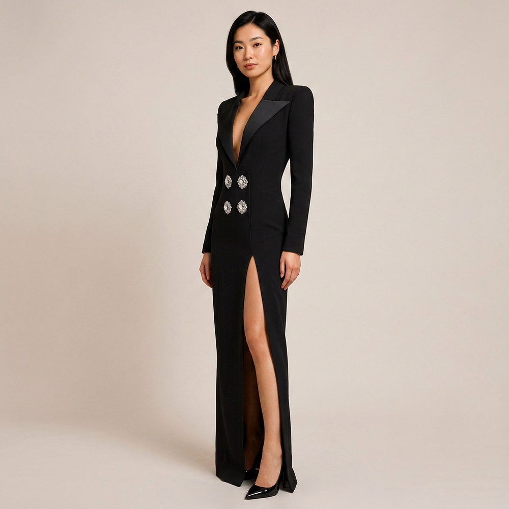 Black Rhinestone Button Blazer Maxi Dress with High Slit for Friday Night Vibes Women-Vyana Collective