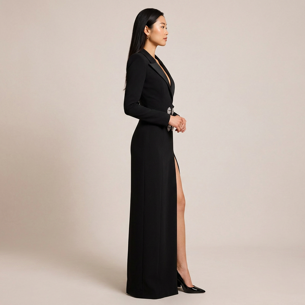 Black Rhinestone Button Blazer Maxi Dress with High Slit for Friday Night Vibes Women-Vyana Collective