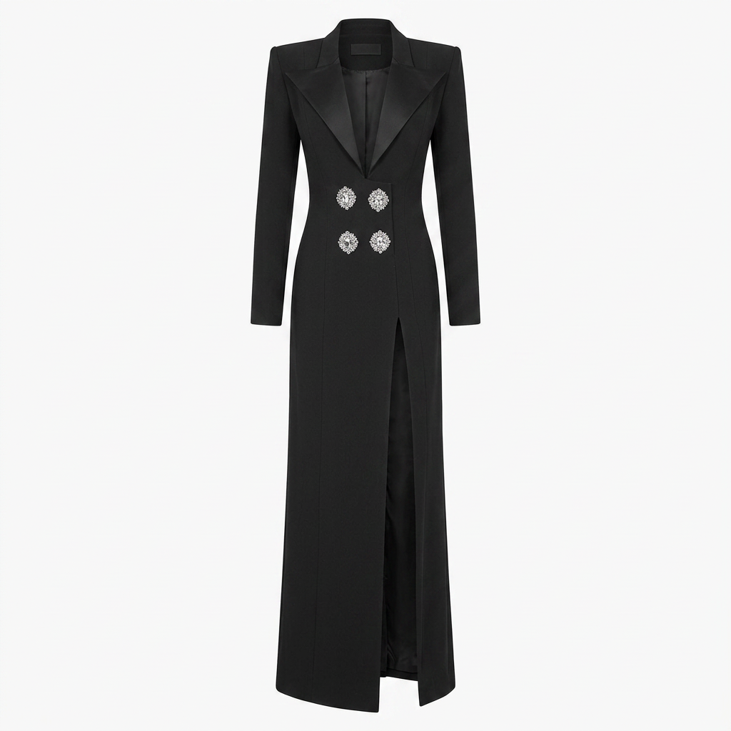 Black Rhinestone Button Blazer Maxi Dress with High Slit for Friday Night Vibes Women-Vyana Collective