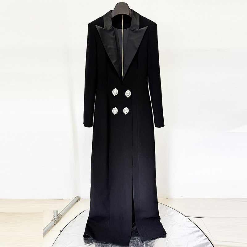 Black Rhinestone Button Blazer Maxi Dress with High Slit for Friday Night Vibes Women-Vyana Collective