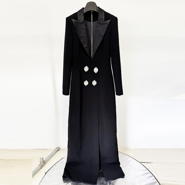 Black Rhinestone Button Blazer Maxi Dress with High Slit for Friday Night Vibes Women-Vyana Collective