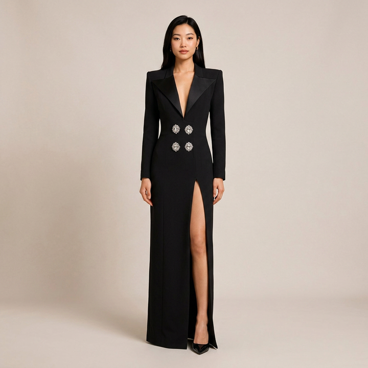 Black Rhinestone Button Blazer Maxi Dress with High Slit for Friday Night Vibes Women-Vyana Collective