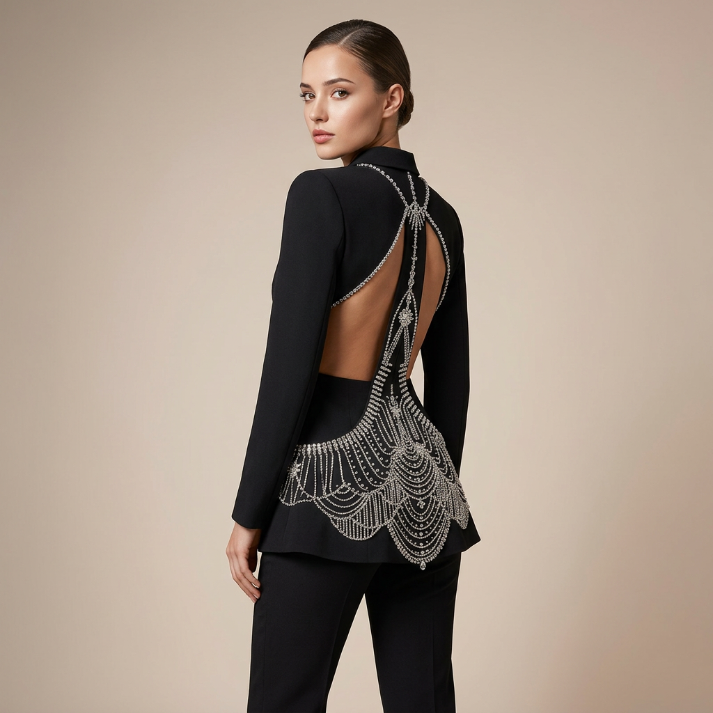 Black Rhinestone Cutout Blazer and Flared Pants Set for Friday Night Vibes Women-Vyana Collective