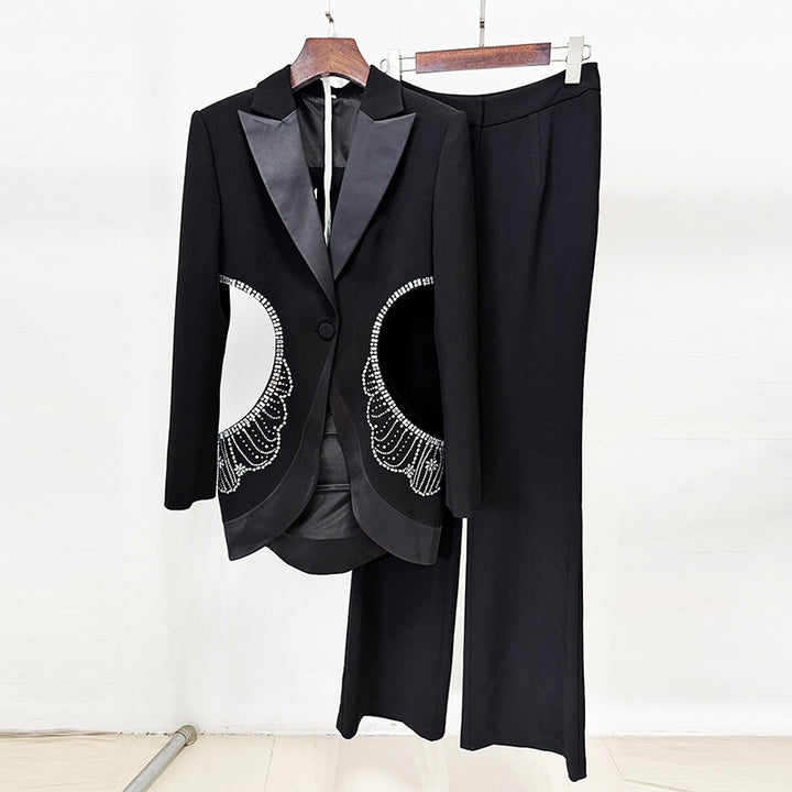 Black Rhinestone Cutout Blazer and Flared Pants Set for Friday Night Vibes Women-Vyana Collective