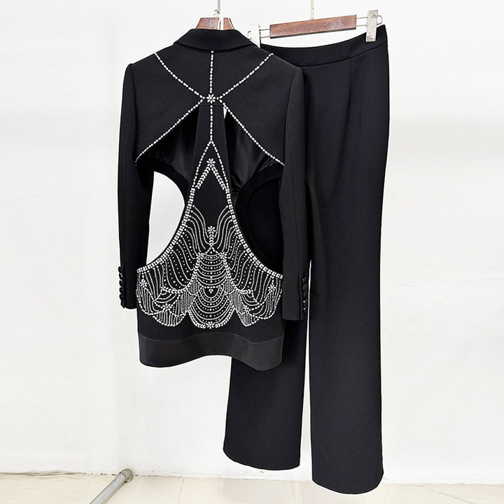 Black Rhinestone Cutout Blazer and Flared Pants Set for Friday Night Vibes Women-Vyana Collective