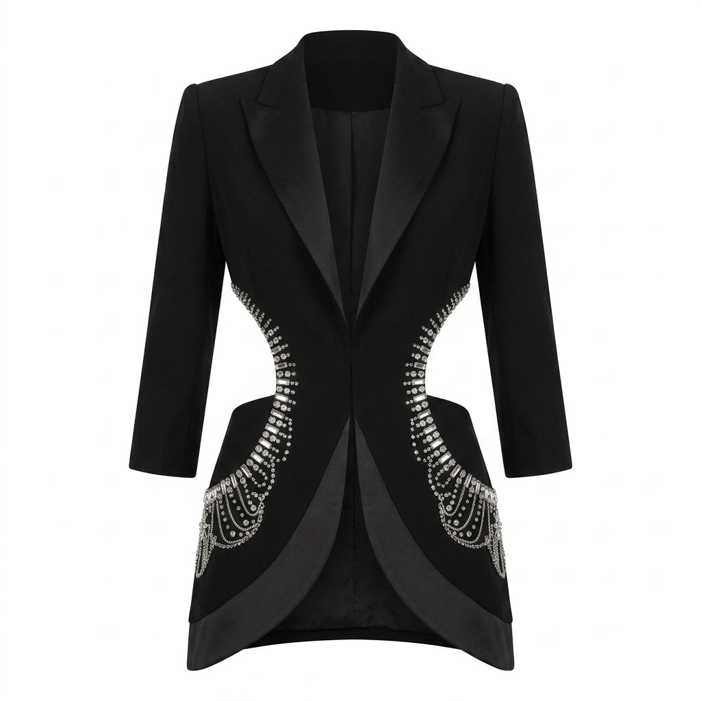 Black Rhinestone Cutout Blazer and Flared Pants Set for Friday Night Vibes Women-Vyana Collective