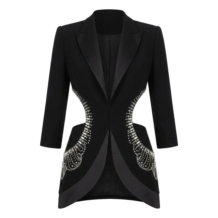 Black Rhinestone Cutout Blazer and Flared Pants Set for Friday Night Vibes Women-Vyana Collective