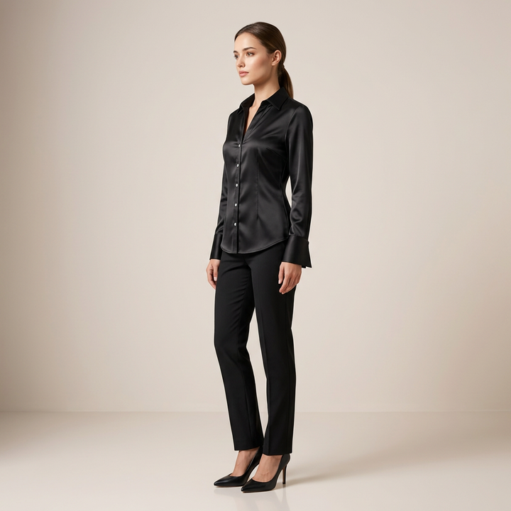 Black Satin Backless Lace-Up Shirt for Elegant Office-to-Evening Styling-Vyana Collective