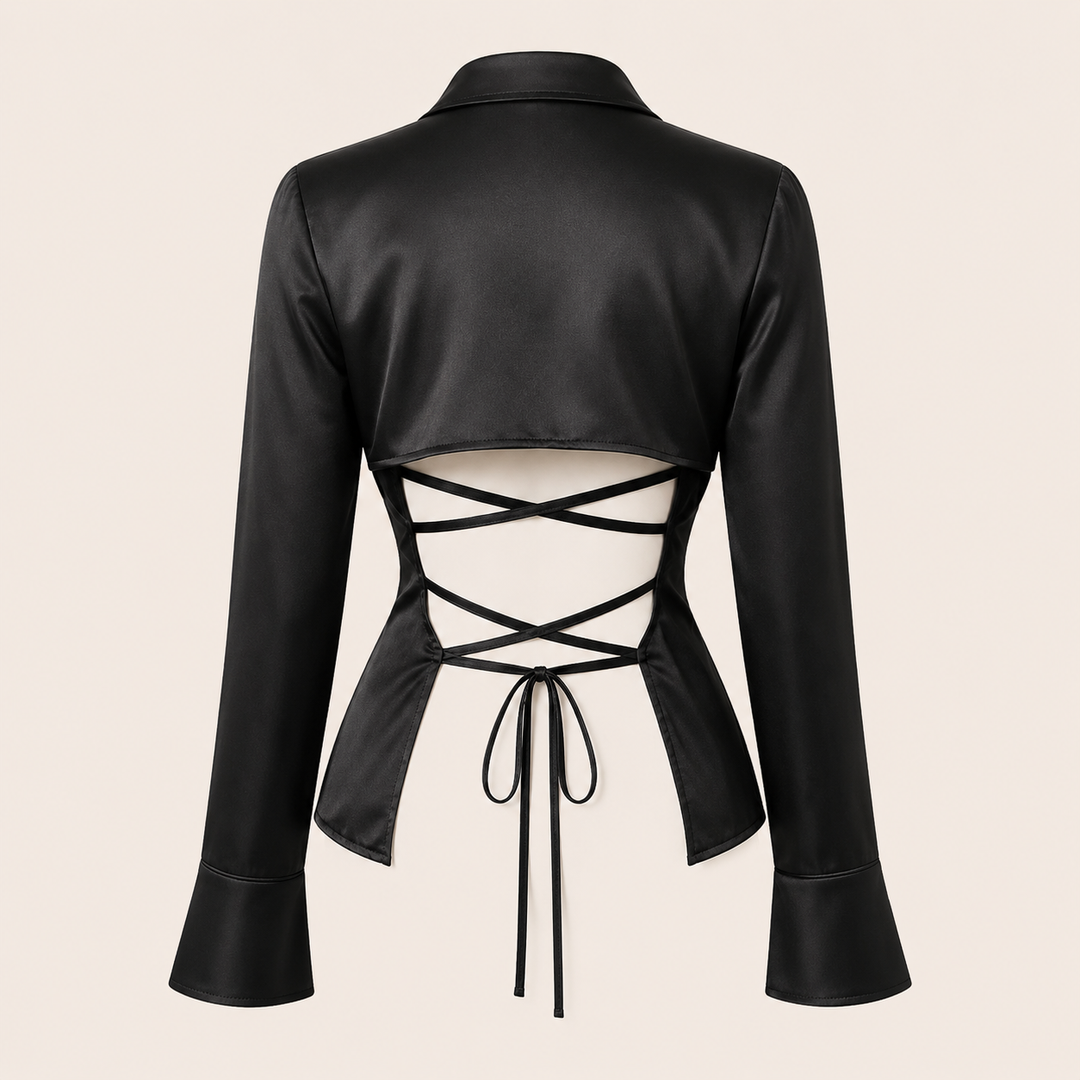 Black Satin Backless Lace-Up Shirt for Elegant Office-to-Evening Styling-Vyana Collective