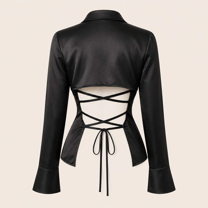 Black Satin Backless Lace-Up Shirt for Elegant Office-to-Evening Styling-Vyana Collective