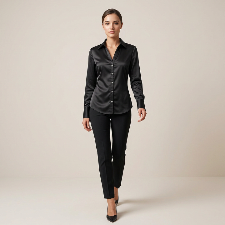 Black Satin Backless Lace-Up Shirt for Elegant Office-to-Evening Styling-Vyana Collective