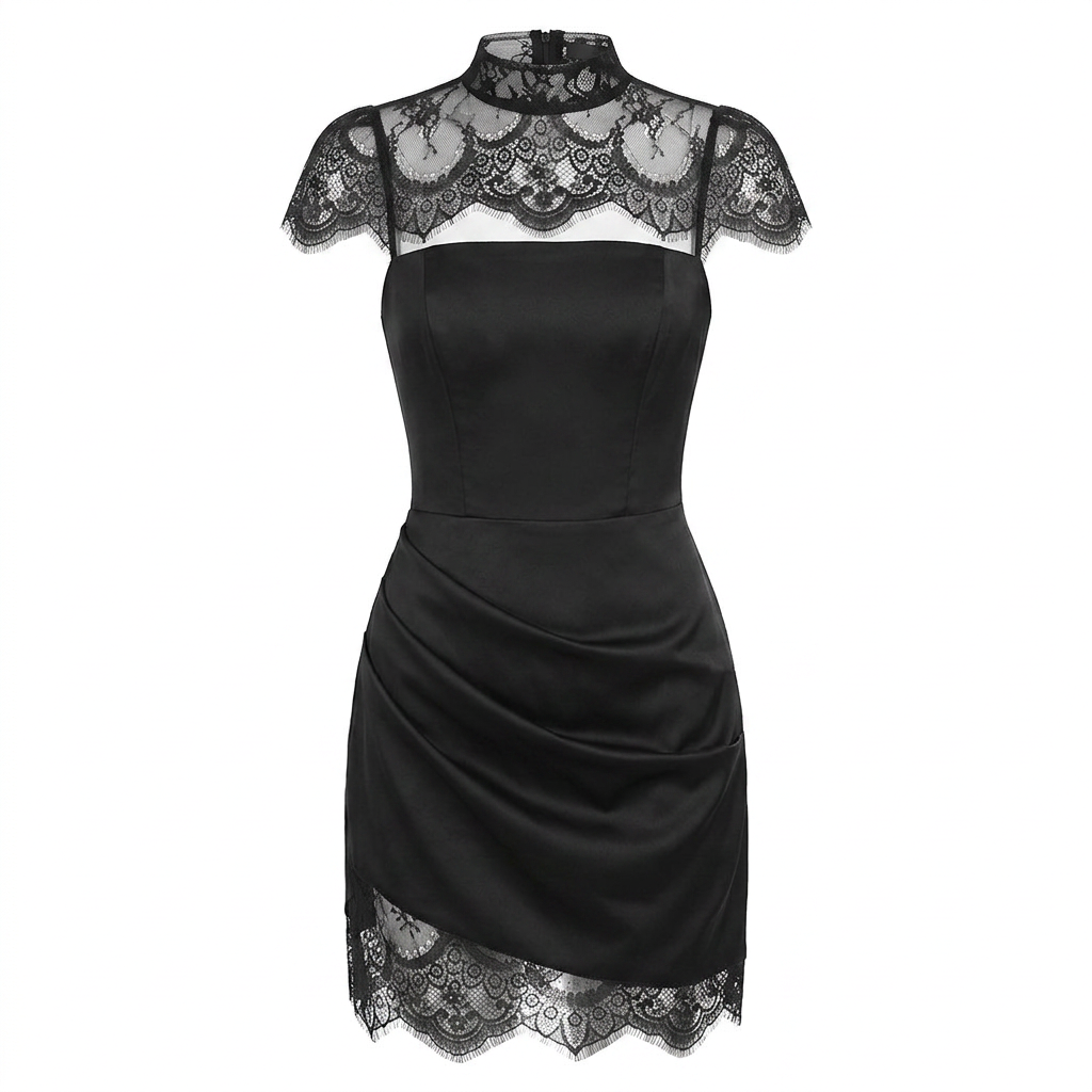 Black Satin Mini Dress with Lace High Neck for Friday Night Vibes and Cocktail Elegance Women-Vyana Collective