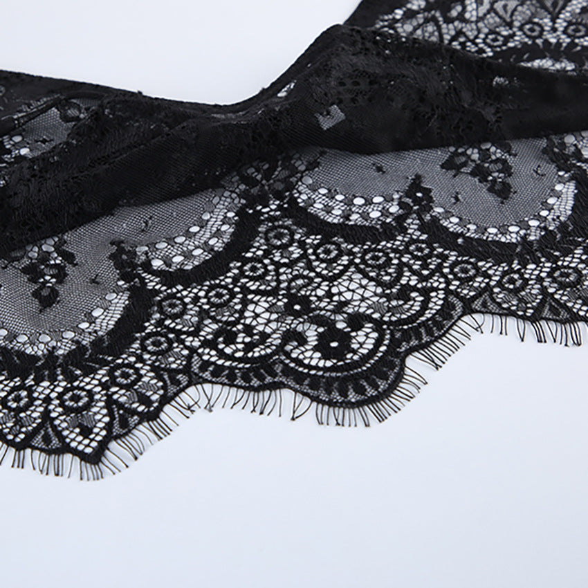 Black Satin Mini Dress with Lace High Neck for Friday Night Vibes and Cocktail Elegance Women-Vyana Collective