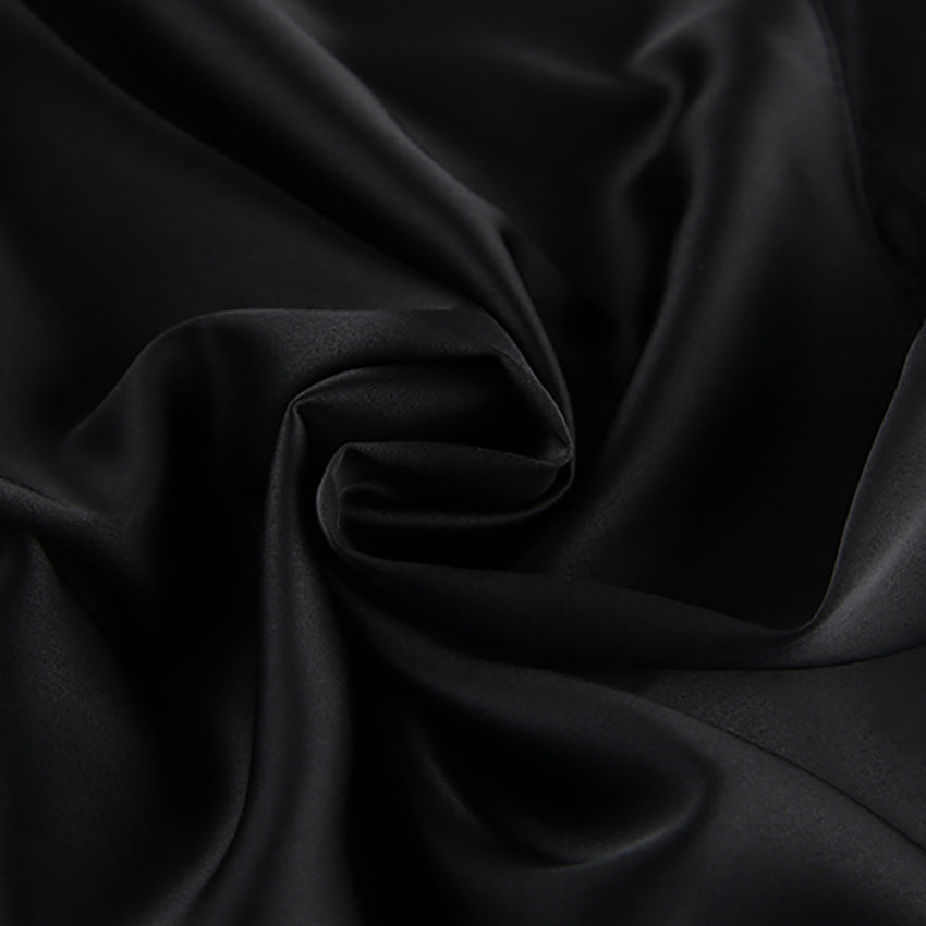 Black Satin Mini Dress with Lace High Neck for Friday Night Vibes and Cocktail Elegance Women-Vyana Collective