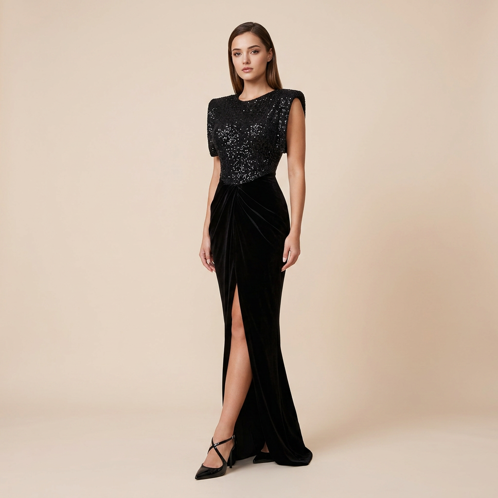 Black Sequin and Velvet Maxi Dress with Structured Shoulders-Vyana Collective