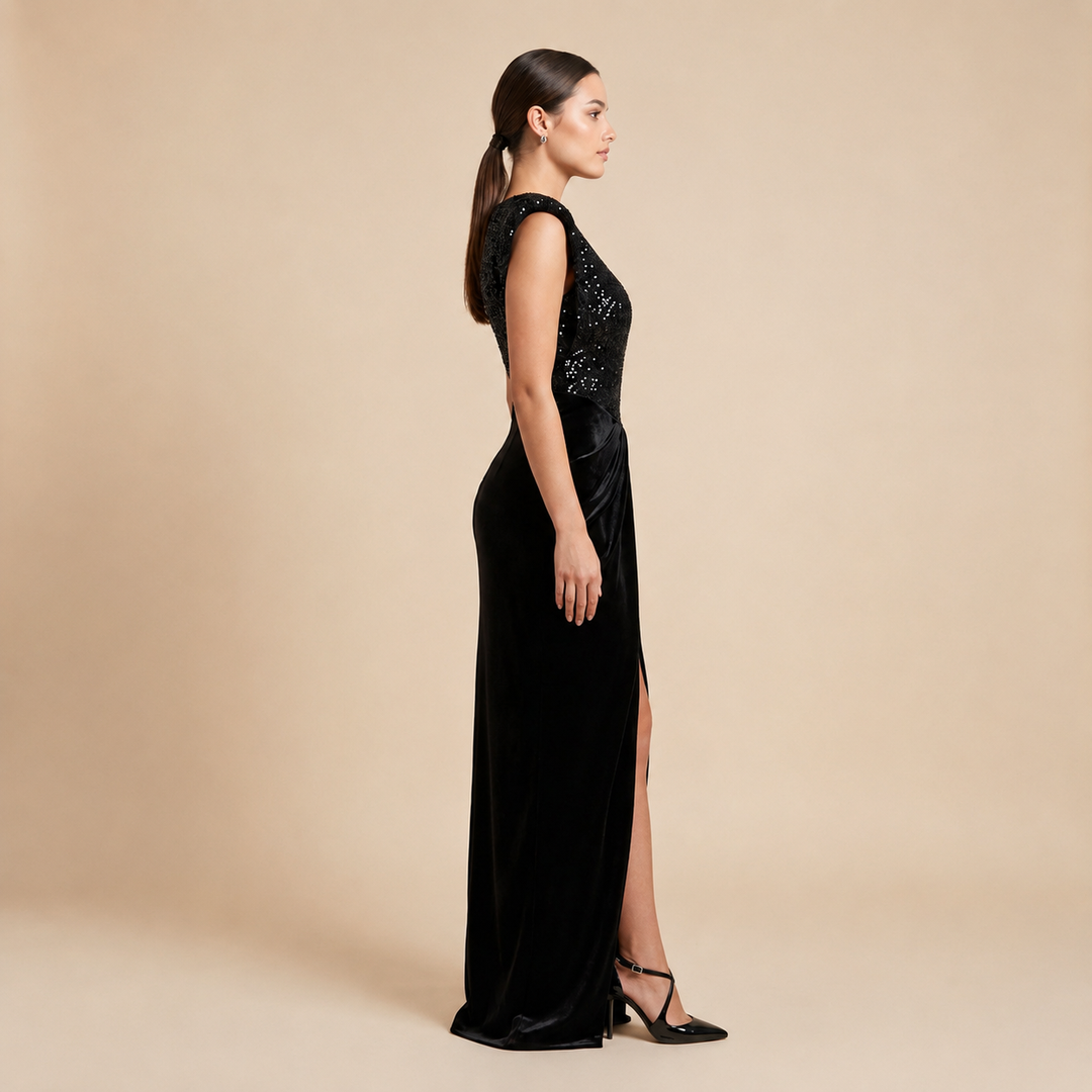 Black Sequin and Velvet Maxi Dress with Structured Shoulders-Vyana Collective