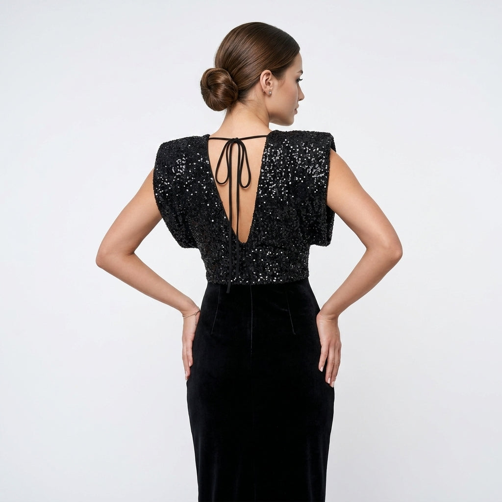 Black Sequin and Velvet Maxi Dress with Structured Shoulders-Vyana Collective