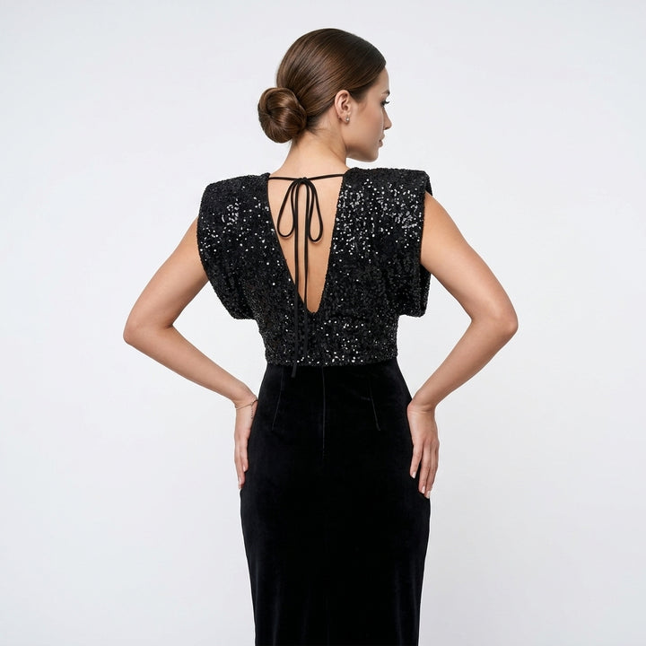 Black Sequin and Velvet Maxi Dress with Structured Shoulders-Vyana Collective