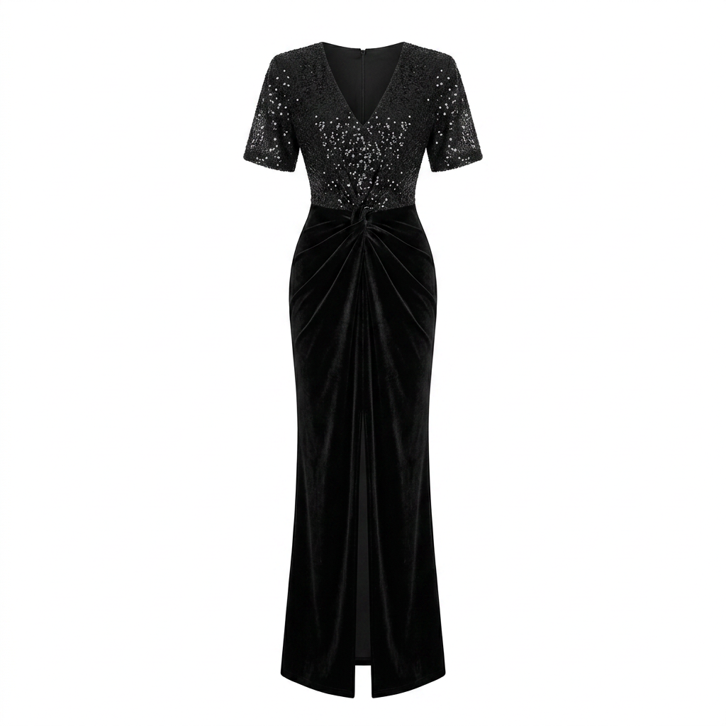 Black Sequin and Velvet Maxi Dress with Structured Shoulders-Vyana Collective