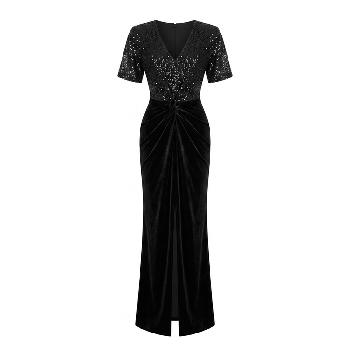 Black Sequin and Velvet Maxi Dress with Structured Shoulders | Vyana Collective-Vyana Collective
