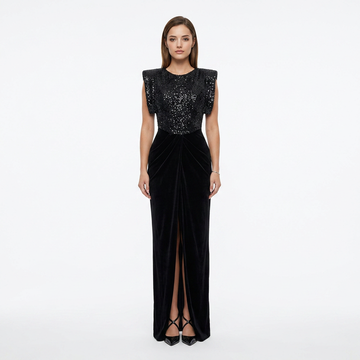 Black Sequin and Velvet Maxi Dress with Structured Shoulders | Vyana Collective-Vyana Collective