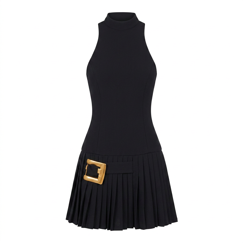 Black Sleeveless High Neck Pleated Mini Dress with Gold Buckle for Friday Night Vibes and Chic Evenings Women-Vyana Collective