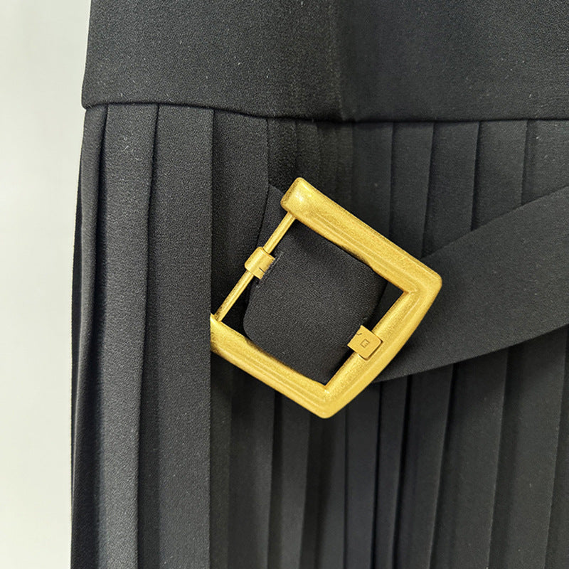 Black Sleeveless High Neck Pleated Mini Dress with Gold Buckle for Friday Night Vibes and Chic Evenings Women-Vyana Collective