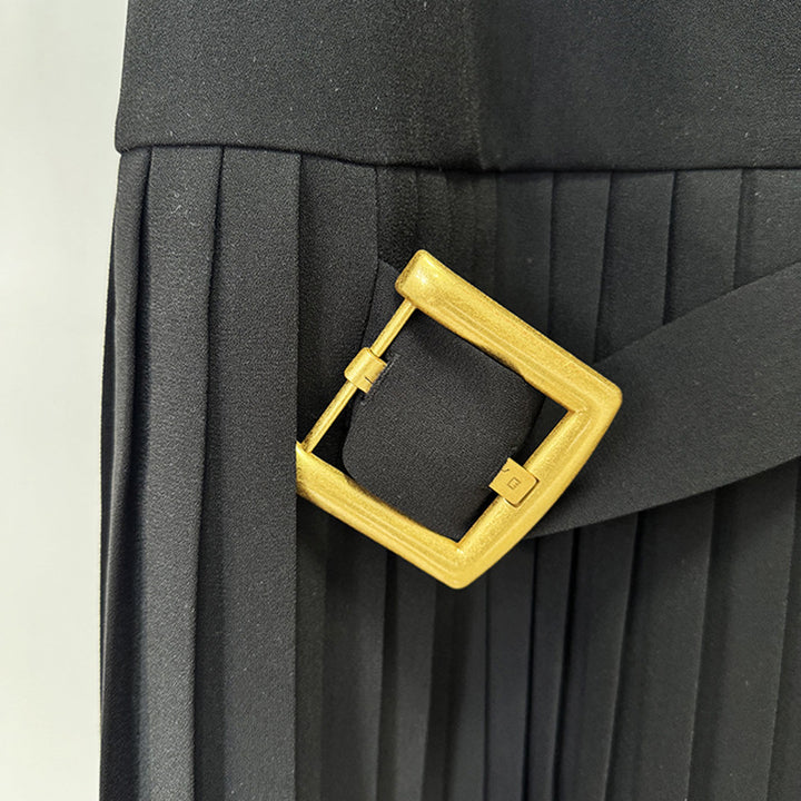 Black Sleeveless High Neck Pleated Mini Dress with Gold Buckle for Friday Night Vibes and Chic Evenings Women-Vyana Collective