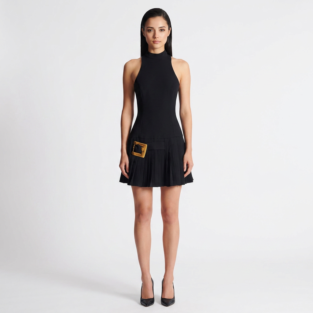 Black Sleeveless High Neck Pleated Mini Dress with Gold Buckle for Friday Night Vibes and Chic Evenings Women-Vyana Collective
