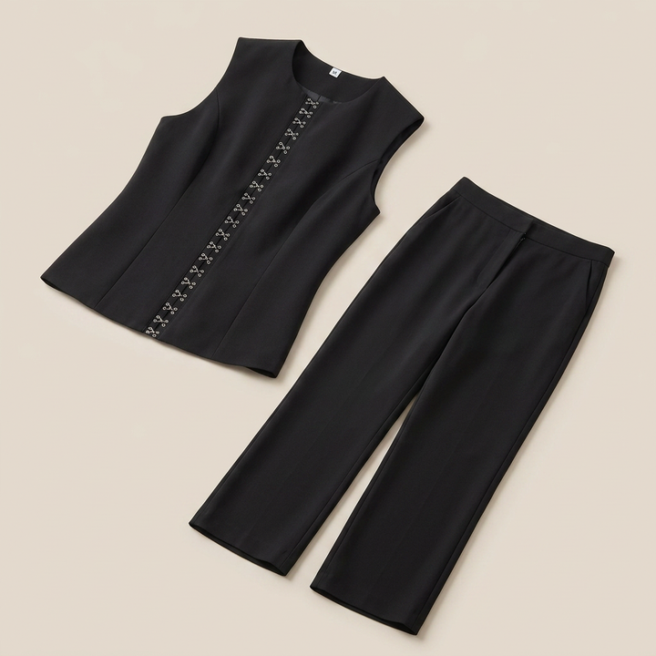 Black Sleeveless Vest and Wide-Leg Pants Two-Piece Office Wear Set for Women-Vyana Collective