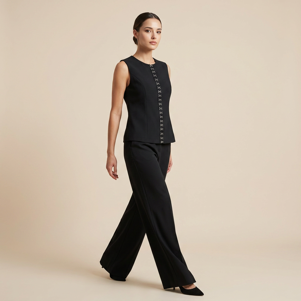 Black Sleeveless Vest and Wide-Leg Pants Two-Piece Office Wear Set for Women-Vyana Collective