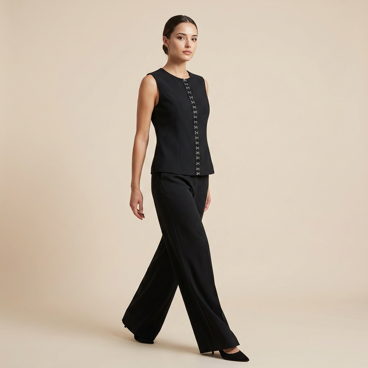 Black Sleeveless Vest and Wide-Leg Pants Two-Piece Office Wear Set for Women-Vyana Collective