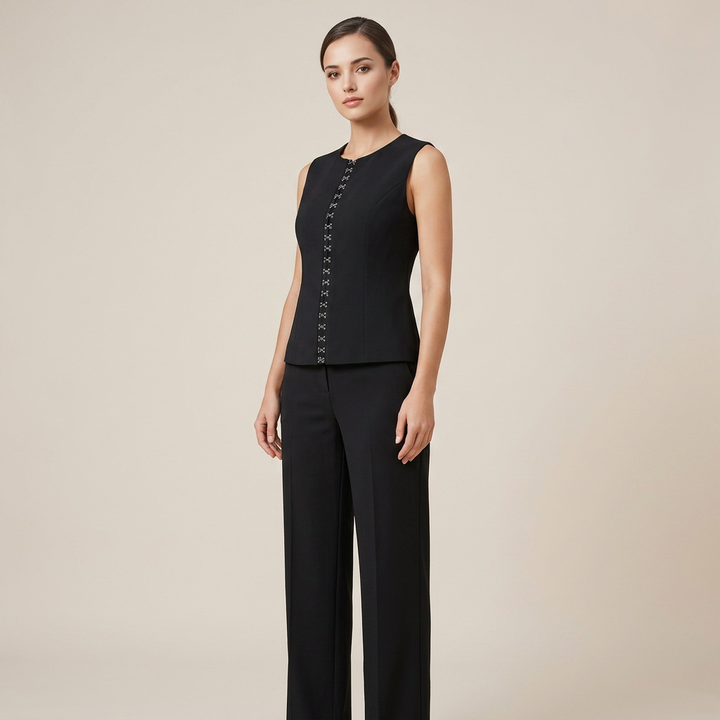Black Sleeveless Vest and Wide-Leg Pants Two-Piece Office Wear Set for Women-Vyana Collective