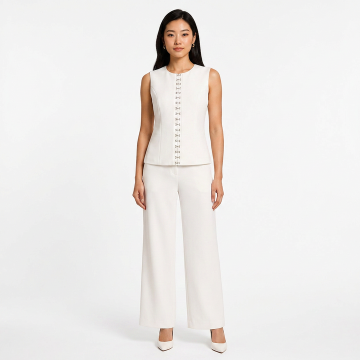 Black Sleeveless Vest and Wide-Leg Pants Two-Piece Office Wear Set for Women-Vyana Collective