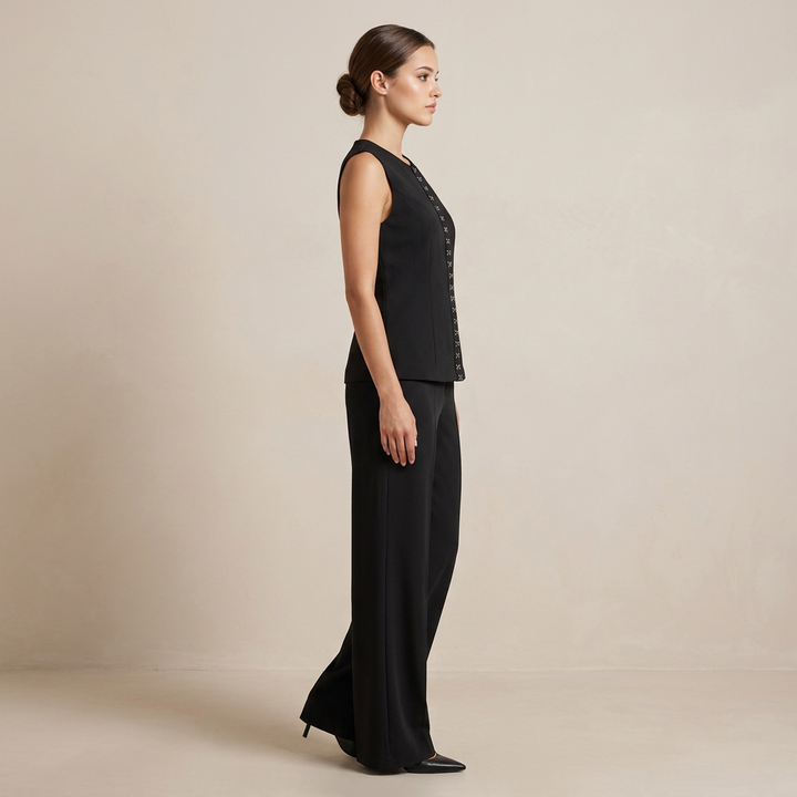 Black Sleeveless Vest and Wide-Leg Pants Two-Piece Office Wear Set for Women-Vyana Collective